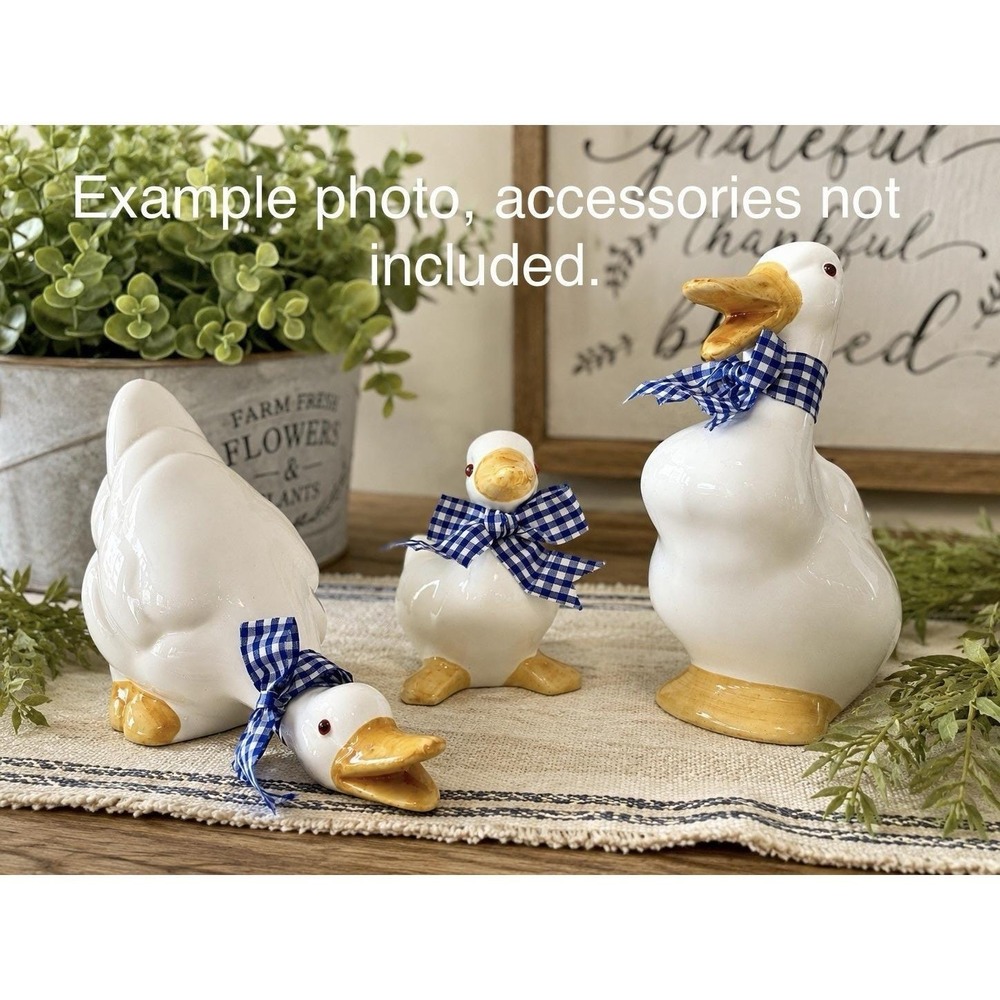 Vintage 3pc Ceramic White Goose/ Duck Figurines Blue Gingham Ribbon Farmhouse